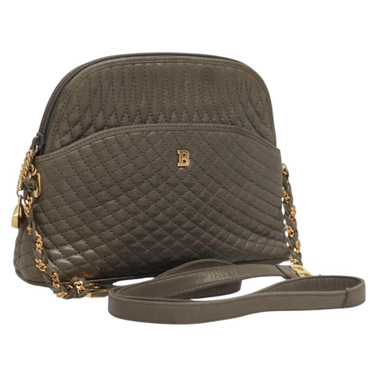 Bally Quilted Chain Shoulder Bag Leather Gray Gold Auth Ba1833
